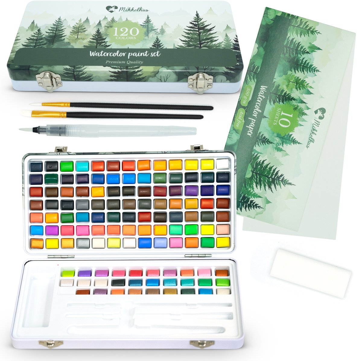 Mikkelhus Professionele Aquarelverf Set | Verfset met 120 diverse kleuren aquarelverf, papier, waterpenseel, kwasten en spons | Voor volwassenen
